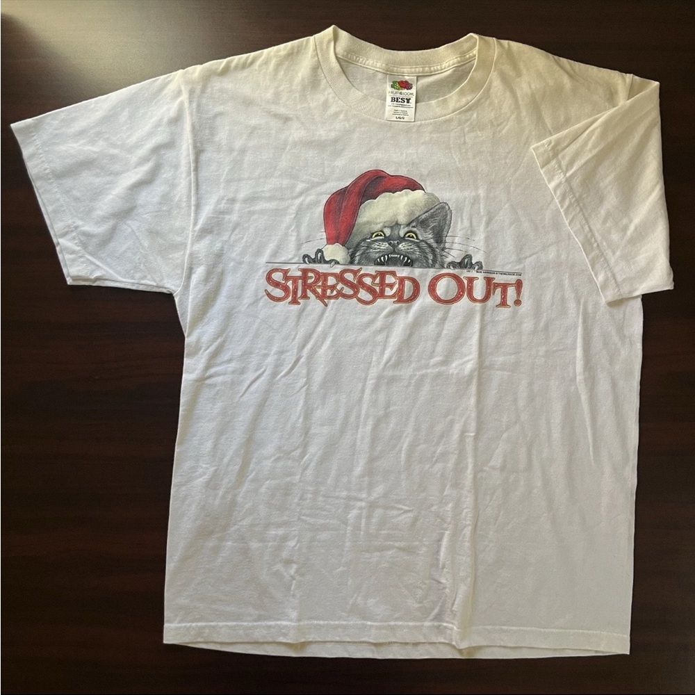 Vintage 90s Stressed Out Cat Christmas Animal T Shirt Bob Harrison Art Large
